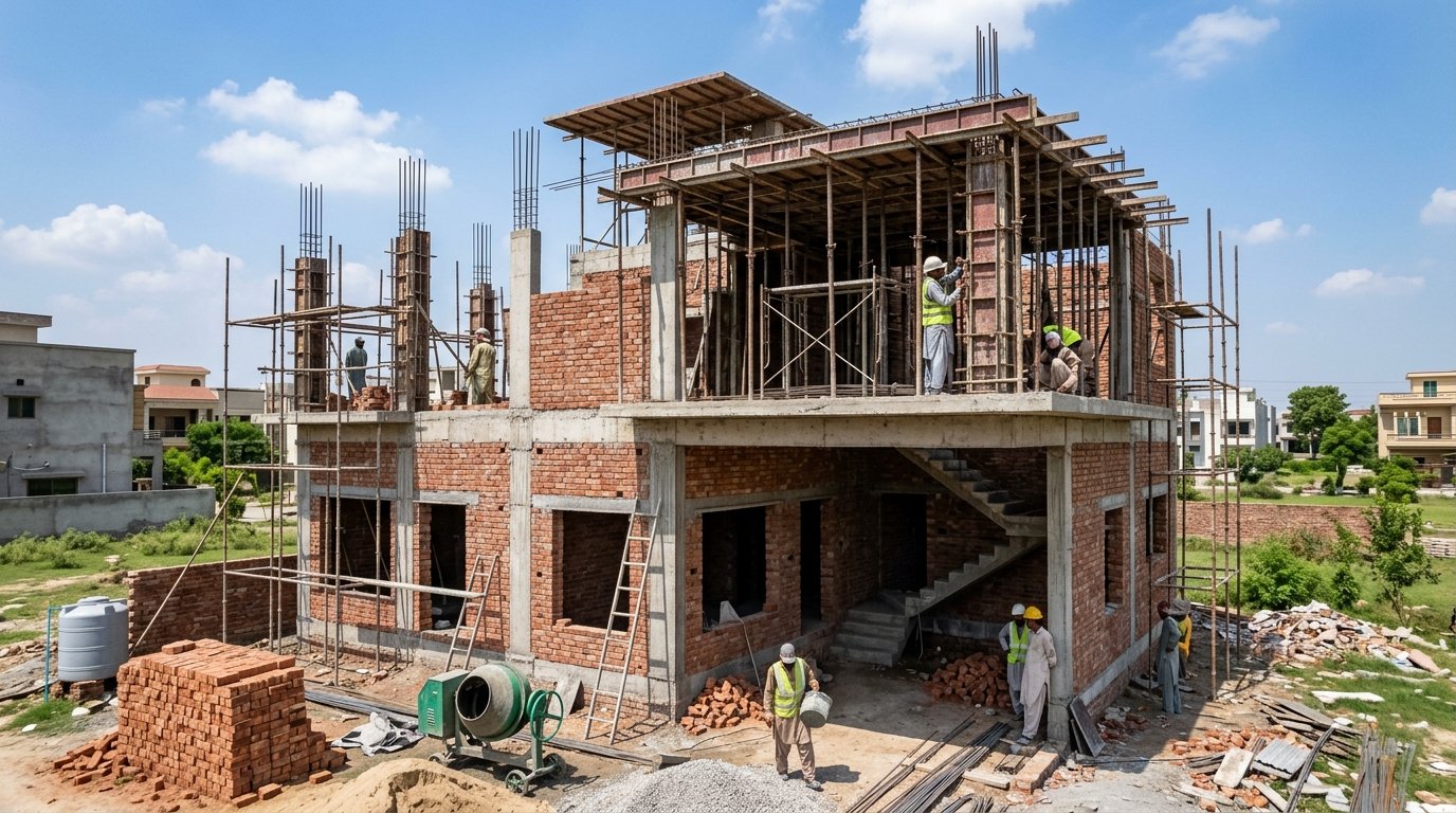 Pakistani House Grey Structure Construction with Red Clay Brickwork and RCC Columns